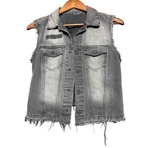 H&M Women NA Gray Distress Denim Vest Sleeveless Trucker Jacket Frayed Raw Hem